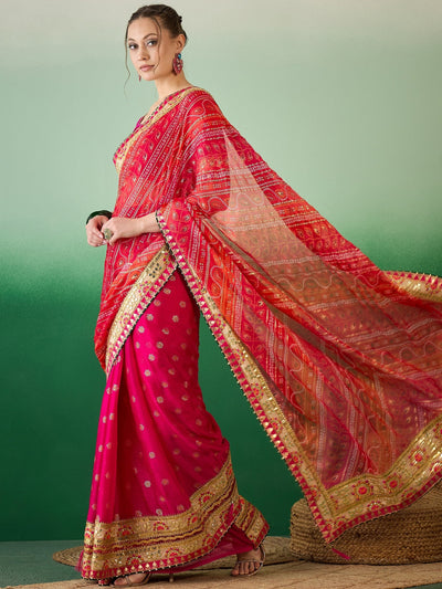 Indyancart RV Women's Soft Mose Chiffon With Bhandhani Print With Heavy Lace Saree With Blouse ( KVD2130 )