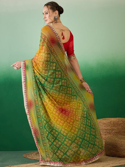 Indyancart RV Women's Soft Exclusive Georgette With Bhandhani Print With Heavy Lace Saree With Blouse ( KVD2131 )