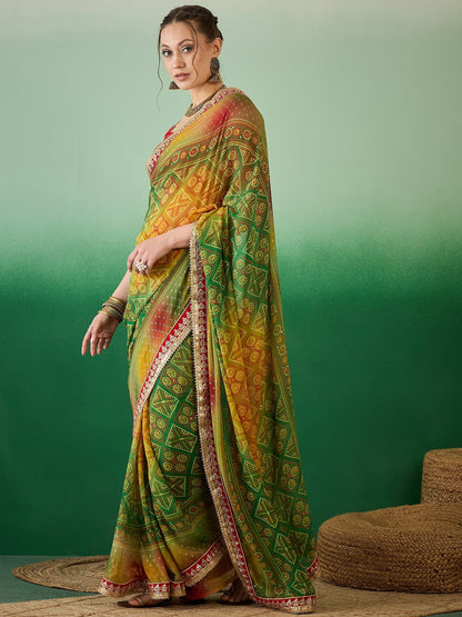 Indyancart RV Women's Soft Exclusive Georgette With Bhandhani Print With Heavy Lace Saree With Blouse ( KVD2131 )