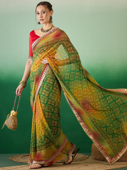 Indyancart RV Women's Soft Exclusive Georgette With Bhandhani Print With Heavy Lace Saree With Blouse ( KVD2131 )
