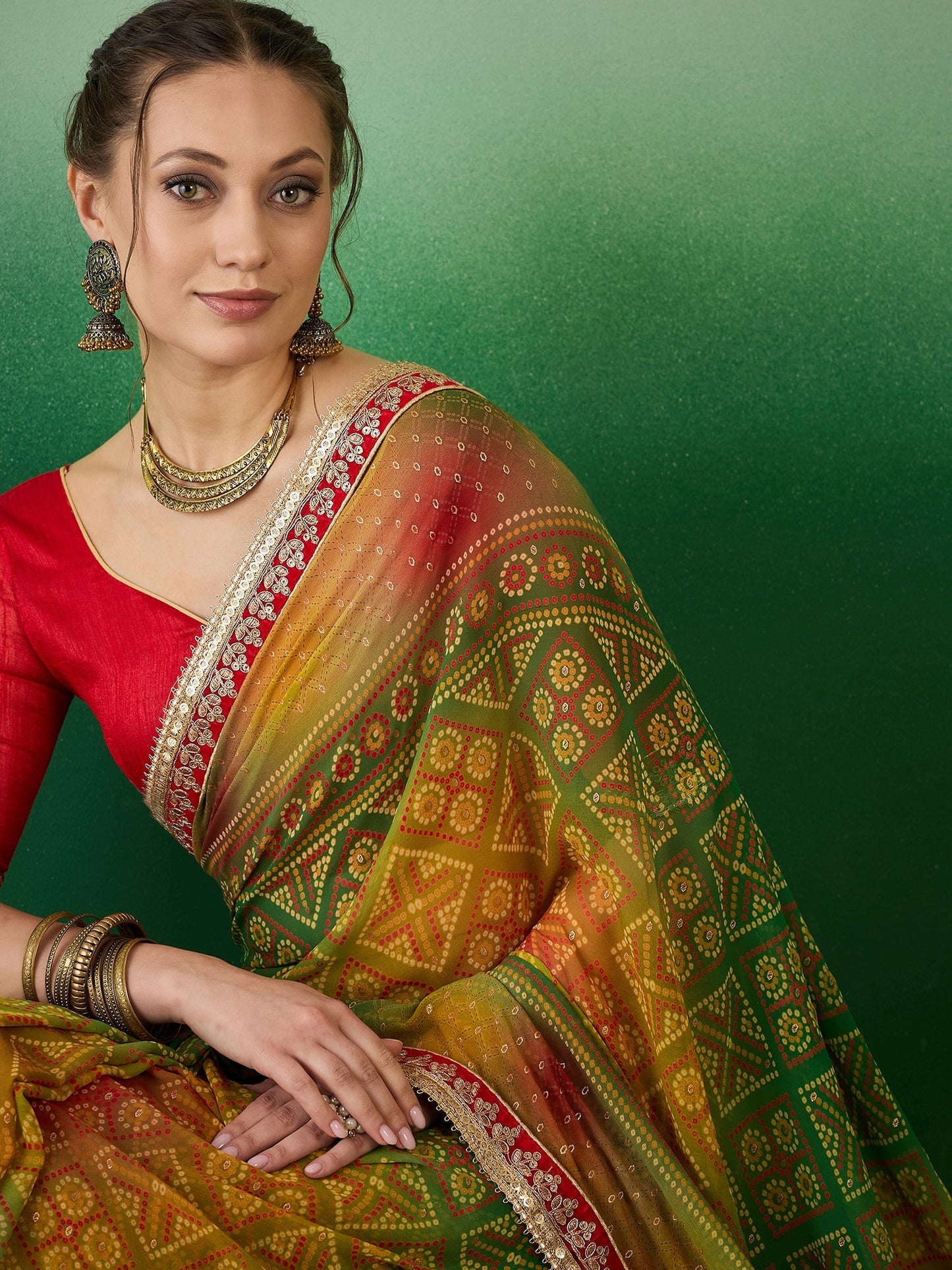 Indyancart RV Women's Soft Exclusive Georgette With Bhandhani Print With Heavy Lace Saree With Blouse ( KVD2131 )