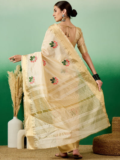 Indyancart RV Women's Assam Cotton Silk Saree with Multi Thread Embroidery & Zari Temple Border With Blouse ( KVD2133 )