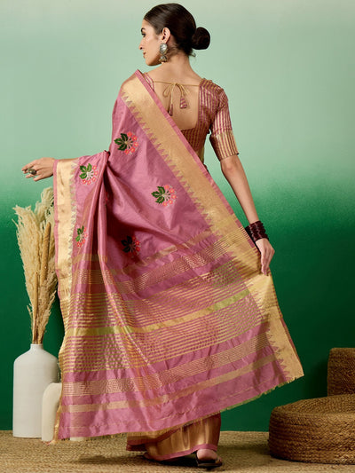 Indyancart RV Women's Assam Cotton Silk Saree with Multi Thread Embroidery & Zari Temple Border With Blouse ( KVD2134 )