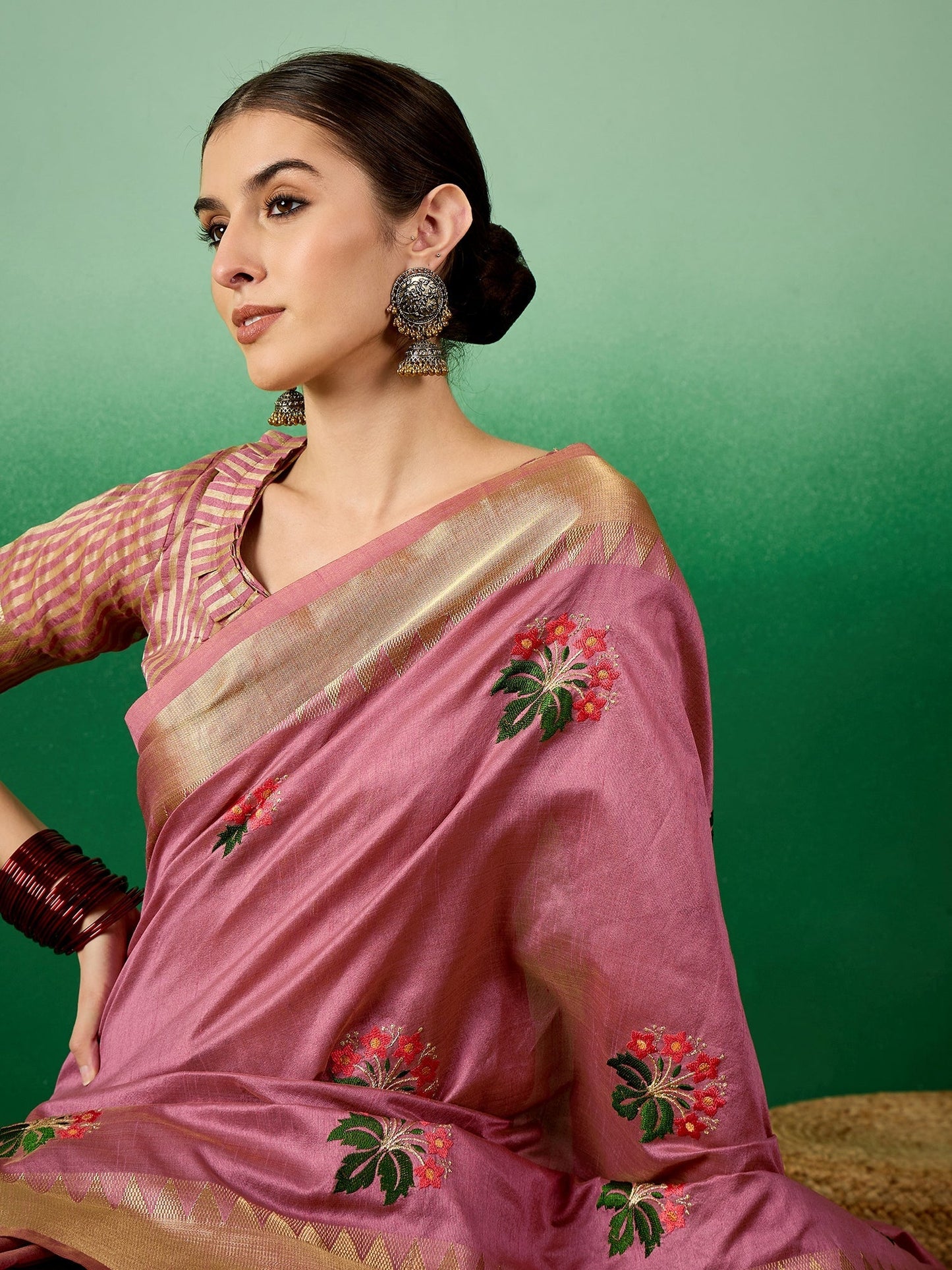 Dhiyona RV Women's Assam Cotton Silk Saree with Multi Thread Embroidery & Zari Temple Border With Blouse ( KVD2134 )