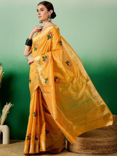 Indyancart RV Women's Assam Cotton Silk Saree with Multi Thread Embroidery & Zari Temple Border With Blouse ( KVD2135 )