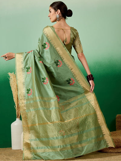 Indyancart RV Women's Assam Cotton Silk Saree with Multi Thread Embroidery & Zari Temple Border With Blouse ( KVD2136 )