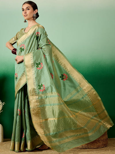 Indyancart RV Women's Assam Cotton Silk Saree with Multi Thread Embroidery & Zari Temple Border With Blouse ( KVD2136 )