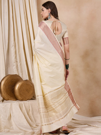 Indyancart RV Women's Cotton Silk Solid Print With Golden Woven Border Saree  ( KVD2137 )