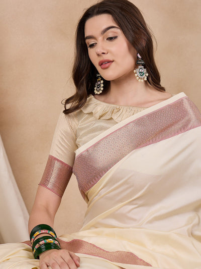 Indyancart RV Women's Cotton Silk Solid Print With Golden Woven Border Saree  ( KVD2137 )