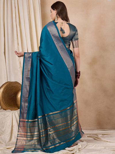 Indyancart RV Women's Cotton Silk Solid Print With Golden Woven Border Saree  ( KVD2139 )