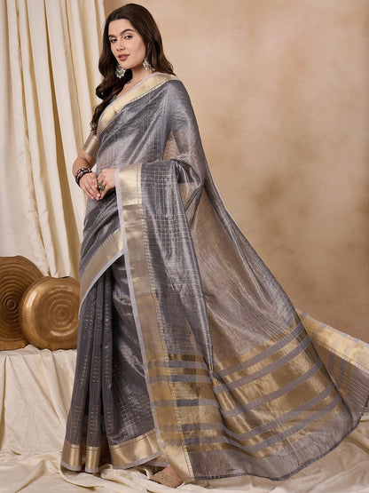 Indyancart RV Women's Elegant Organza Golden Zari Woven Saree with Matching Blouse ( KVD2145 )