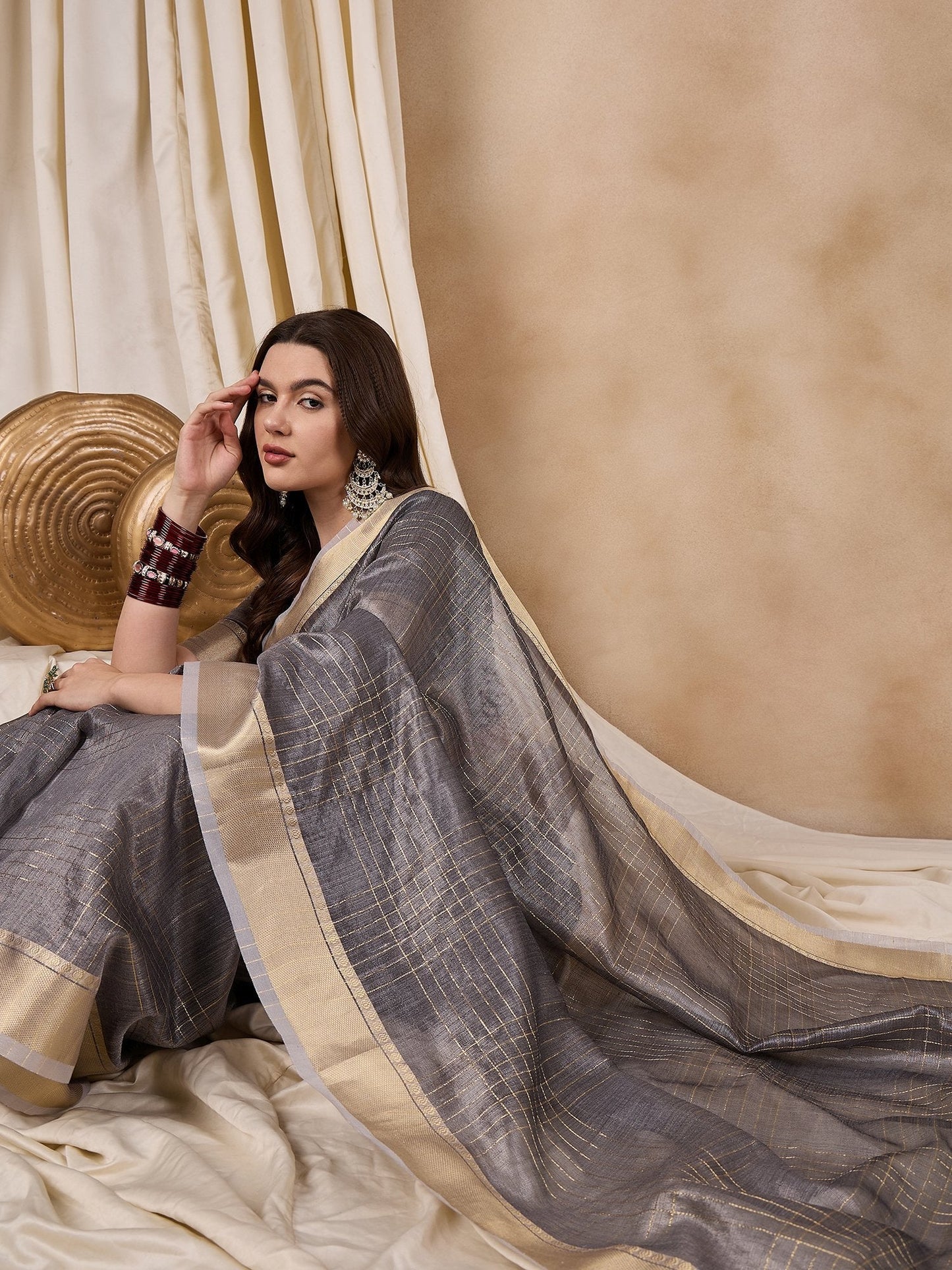 Indyancart RV Women's Elegant Organza Golden Zari Woven Saree with Matching Blouse ( KVD2145 )