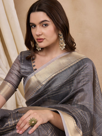 Indyancart RV Women's Elegant Organza Golden Zari Woven Saree with Matching Blouse ( KVD2145 )