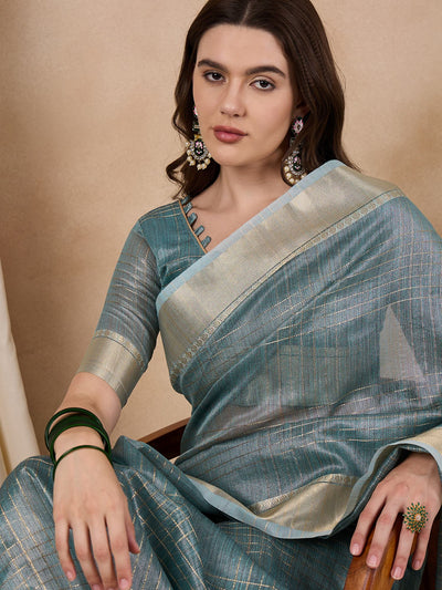 Indyancart RV Women's Elegant Organza Golden Zari Woven Saree with Matching Blouse ( KVD2146 )