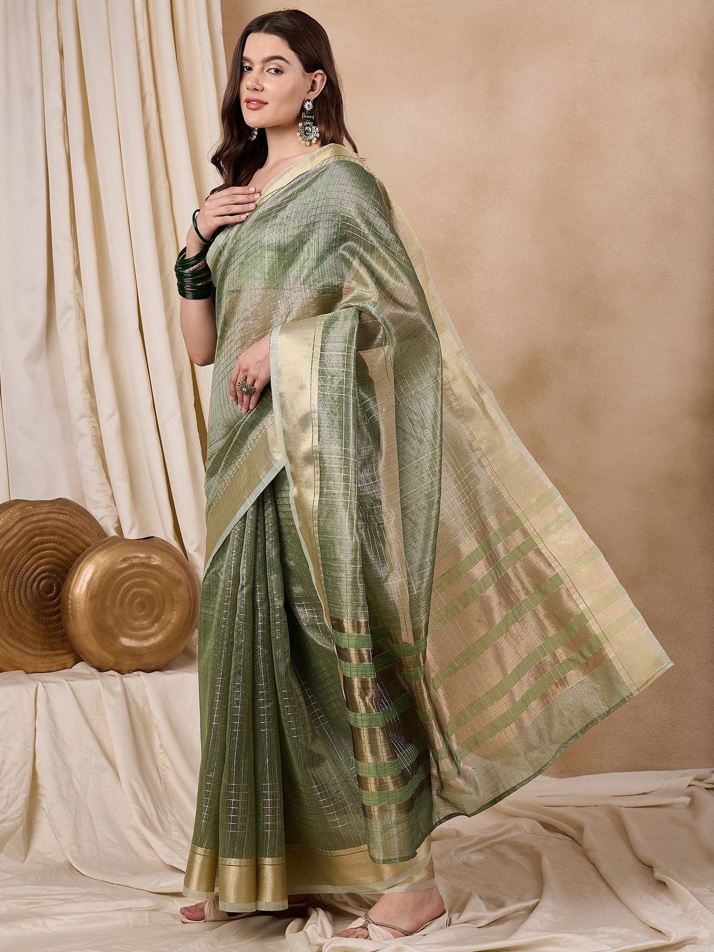 Dhiyona RV Women's Elegant Organza Golden Zari Woven Saree with Matching Blouse ( KVD2147 )