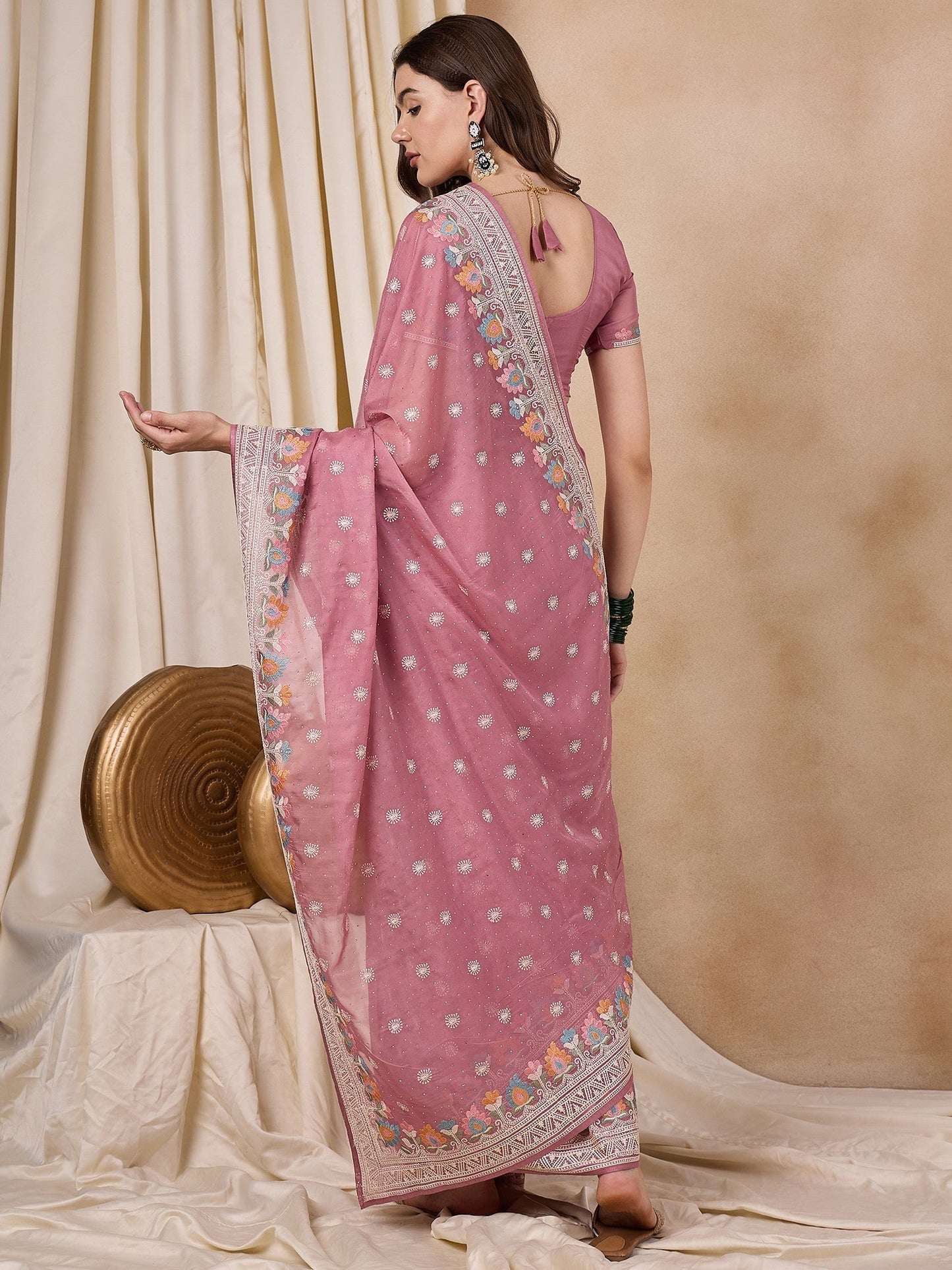 Indyancart RV Women's Silk Organza Fabric With Multi Thread Embroidery Border Saree  ( KVD2151 )