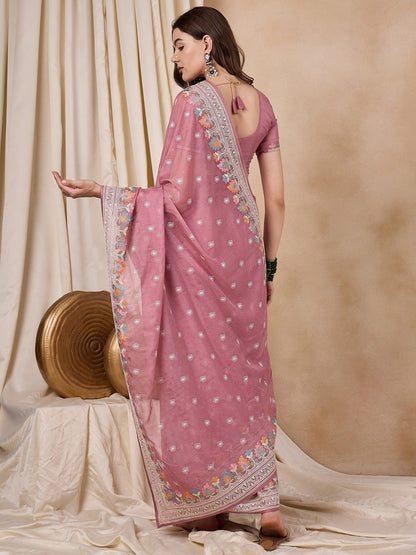 Indyancart RV Women's Silk Organza Fabric With Multi Thread Embroidery Border Saree  ( KVD2151 )
