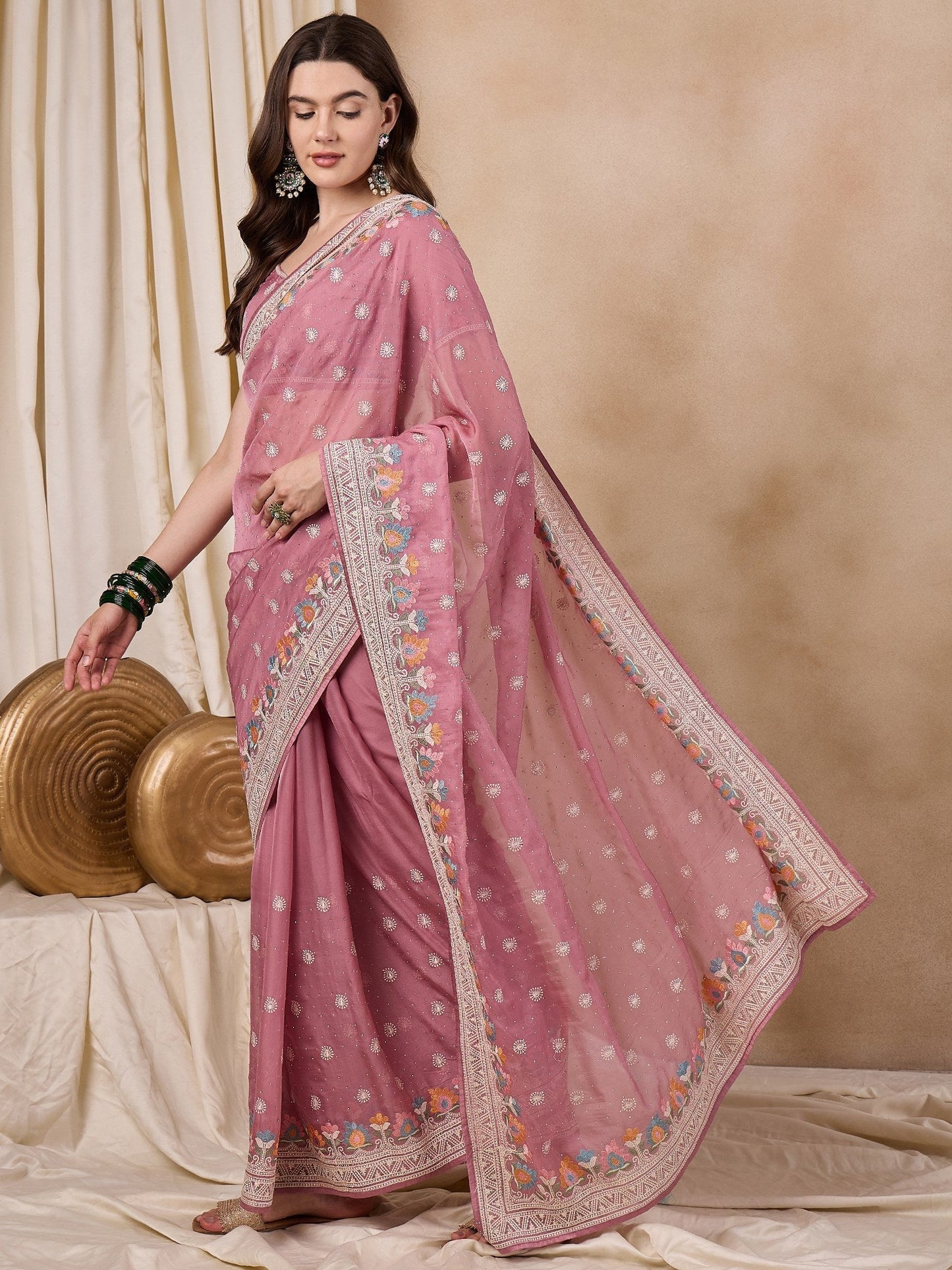 Indyancart RV Women's Silk Organza Fabric With Multi Thread Embroidery Border Saree  ( KVD2151 )