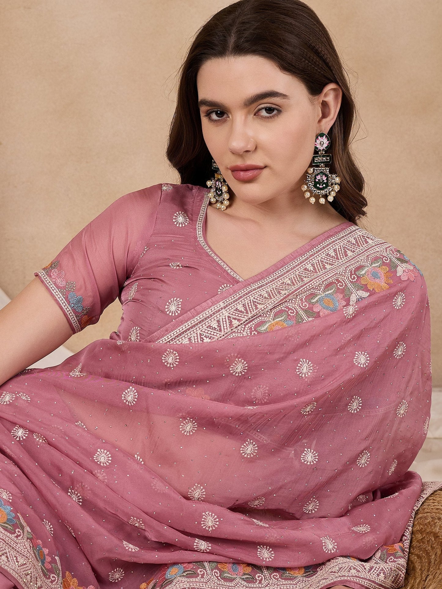 Indyancart RV Women's Silk Organza Fabric With Multi Thread Embroidery Border Saree  ( KVD2151 )