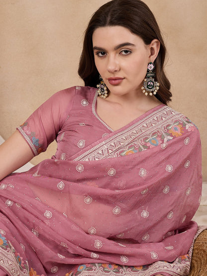 Indyancart RV Women's Silk Organza Fabric With Multi Thread Embroidery Border Saree  ( KVD2151 )
