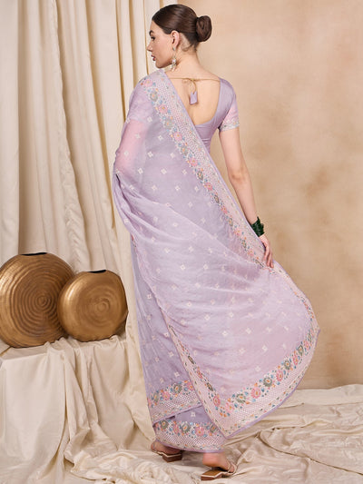 Indyancart RV Women's Silk Organza Fabric With Multi Thread Embroidery Border Saree  ( KVD2152 )