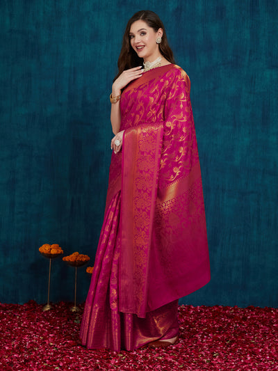 Indyancart RV Women's Elegant Golden Zari Woven Banarasi Silk Saree with Blouse ( KVD2153 )
