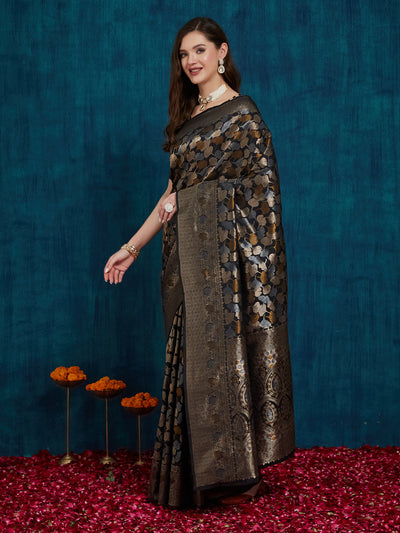 Indyancart RV Women's Kanjivaram Silk Woven With Golden Woven Border Saree  ( KVD2154 )