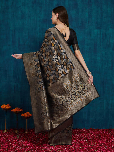 Indyancart RV Women's Kanjivaram Silk Woven With Golden Woven Border Saree  ( KVD2154 )