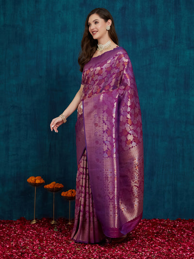 Indyancart RV Women's Kanjivaram Silk Woven With Golden Woven Border Saree  ( KVD2155 )