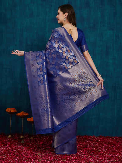Indyancart RV Women's Kanjivaram Silk Woven With Golden Woven Border Saree  ( KVD2156 )