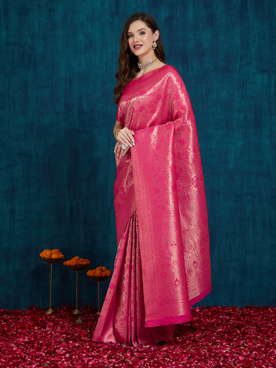 Indyancart RV Women's Kanjivaram Silk Woven With Golden Woven Border Saree  ( KVD2159 )