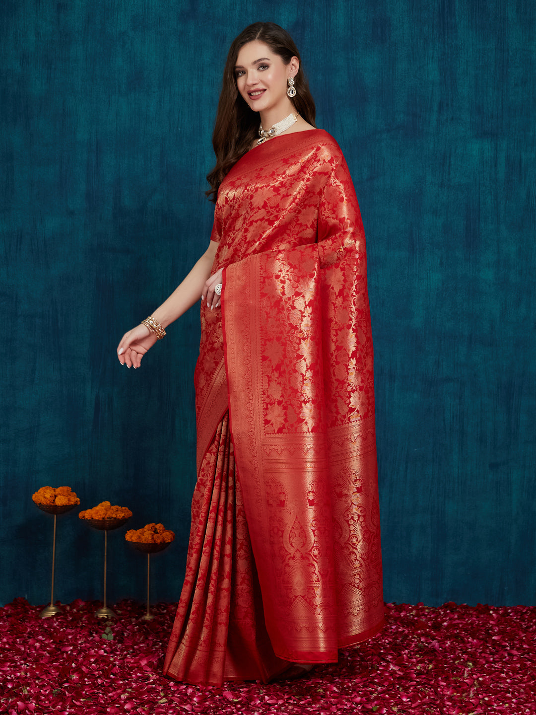Indyancart RV Women's Kanjivaram Silk Woven With Golden Woven Border Saree  ( KVD2160 )