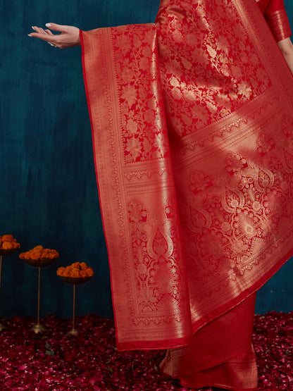 Indyancart RV Women's Kanjivaram Silk Woven With Golden Woven Border Saree  ( KVD2160 )