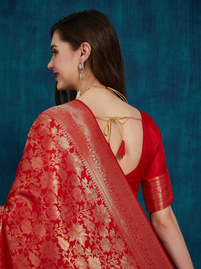 Indyancart RV Women's Kanjivaram Silk Woven With Golden Woven Border Saree  ( KVD2160 )
