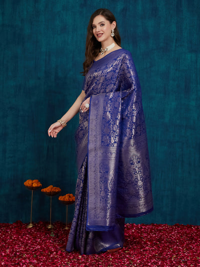 Indyancart RV Women's Kanjivaram Silk Woven With Golden Woven Border Saree  ( KVD2161 )
