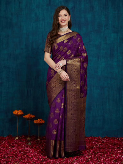 Indyancart RV Women's Elegant Golden Zari Woven Banarasi Silk Saree with Blouse ( KVD2163 )