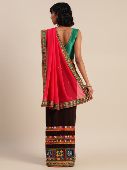 Indyancart RV Women's Designer Half & Half Georgette Embroidery Work Saree With Blouse ( KVD3 )
