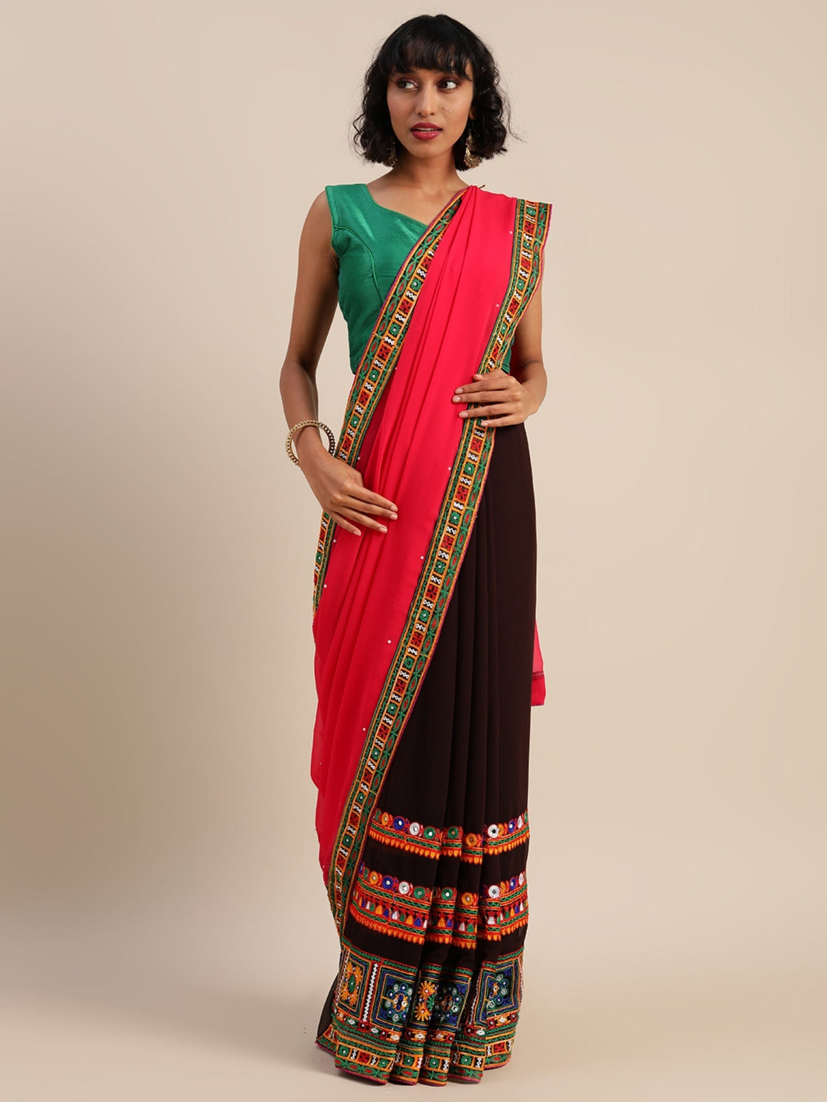 Indyancart RV Women's Designer Half & Half Georgette Embroidery Work Saree With Blouse ( KVD3 )