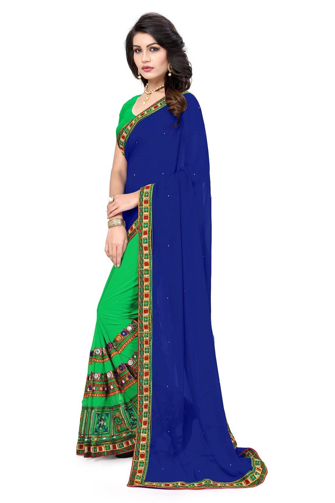 Indyancart RV Women's Designer Half & Half Georgette Embroidery Work Saree With Blouse ( KVD4 )