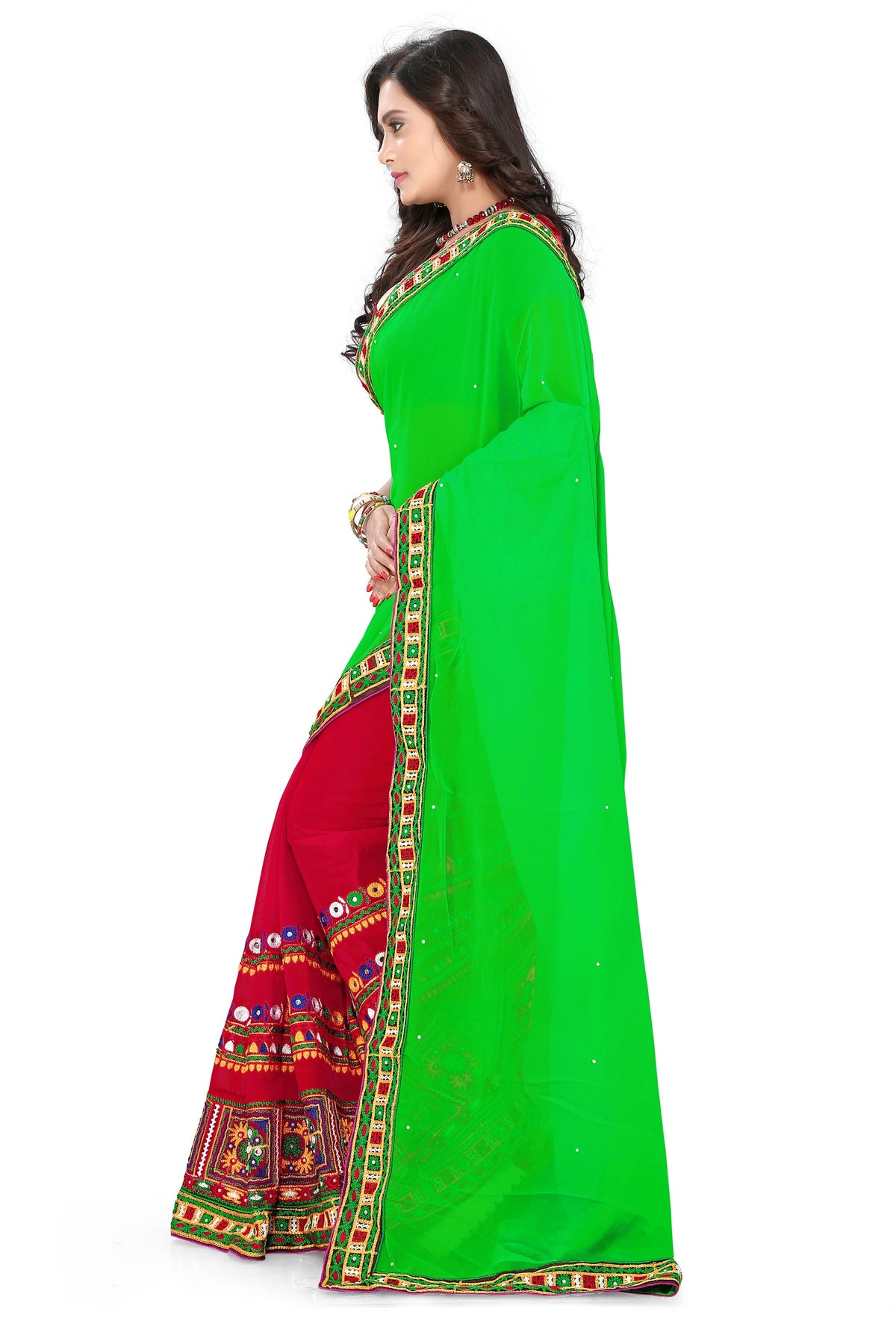 Indyancart RV Women's Designer Half & Half Georgette Embroidery Work Saree With Blouse ( KVD5 )