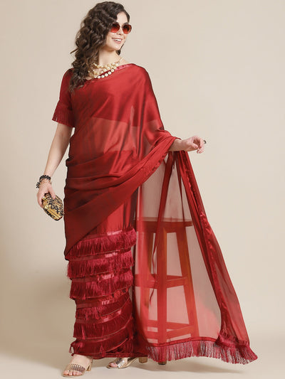 Indyancart RV Women's  Rangoli Gerogette Three-Layer Ruffle Georgette Saree with Tassel Lace with Blouse ( KVD571 )