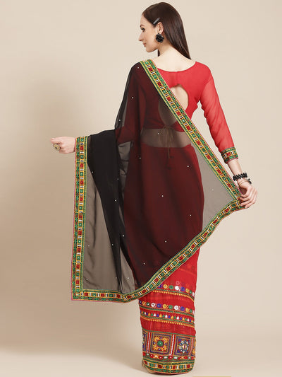 Indyancart RV Women's Georgette With heavy Kutchi Embroidered Work Saree ( KVD711 )