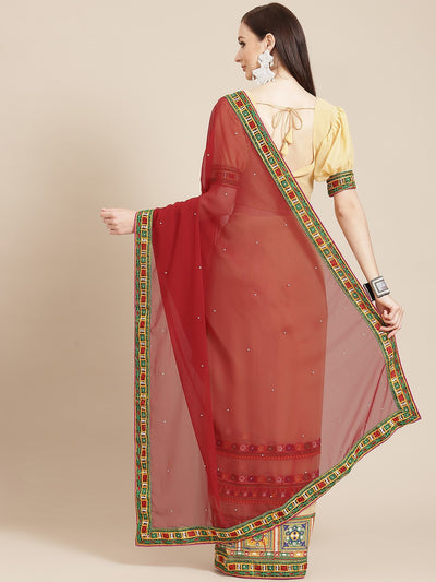 Indyancart RV Women's Georgette With heavy Kutchi Embroidered Work Saree ( KVD713 )