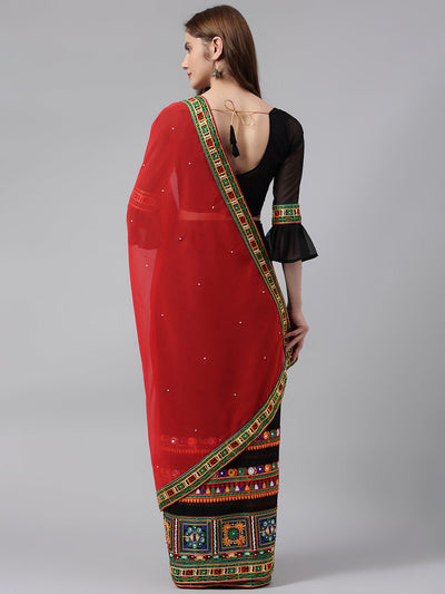 Indyancart RV Women's Georgette With heavy Kutchi Embroidered Work Saree ( KVD715 )