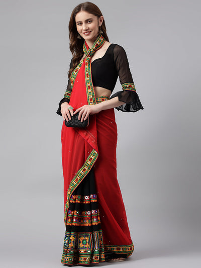 Indyancart RV Women's Georgette With heavy Kutchi Embroidered Work Saree ( KVD715 )