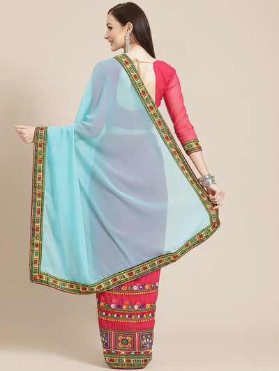 Indyancart RV Women's Georgette With heavy Kutchi Embroidered Work Saree ( KVD716 )
