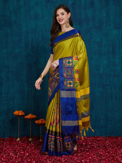 Indyancart RV Women's Cotton Silk Heavy Kutchi Work With Peacock Design Embroidered Saree  ( KVD731 )