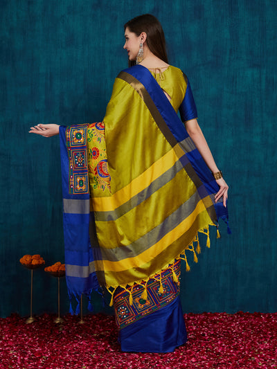 Indyancart RV Women's Cotton Silk Heavy Kutchi Work With Peacock Design Embroidered Saree  ( KVD731 )
