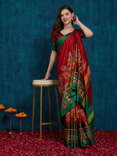 Indyancart RV Women's Cotton Silk Heavy Kutchi Work With Peacock Design Embroidered Saree  ( KVD732 )