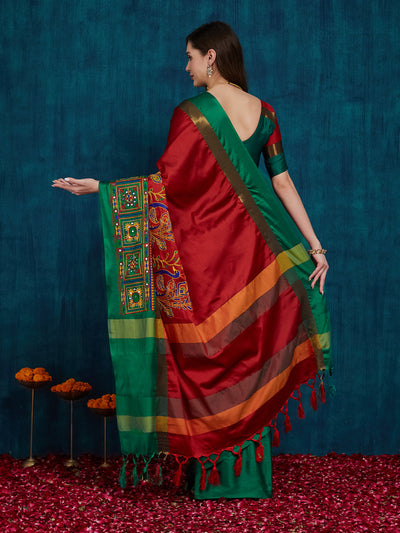 Indyancart RV Women's Cotton Silk Heavy Kutchi Work With Peacock Design Embroidered Saree  ( KVD732 )